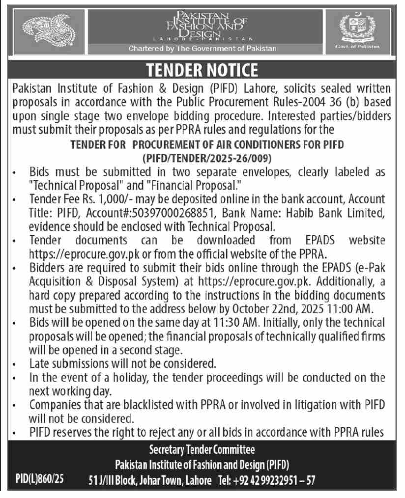 Pakistan Institute of Fashion & Design Tender Notice